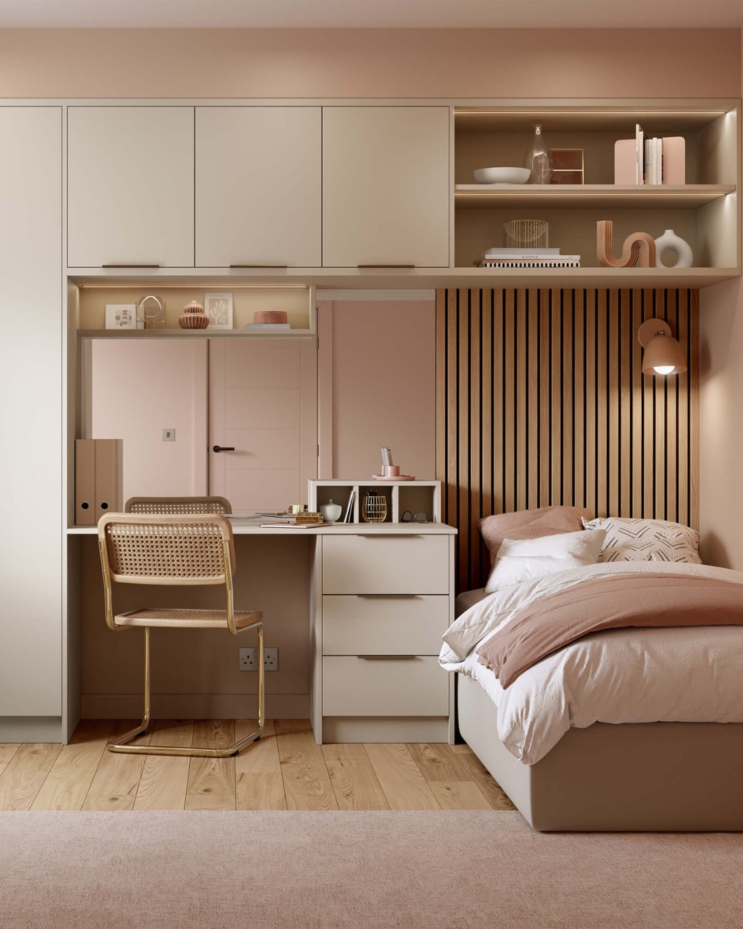 Luxury bespoke master bedroom suite with coordinated fitted furniture