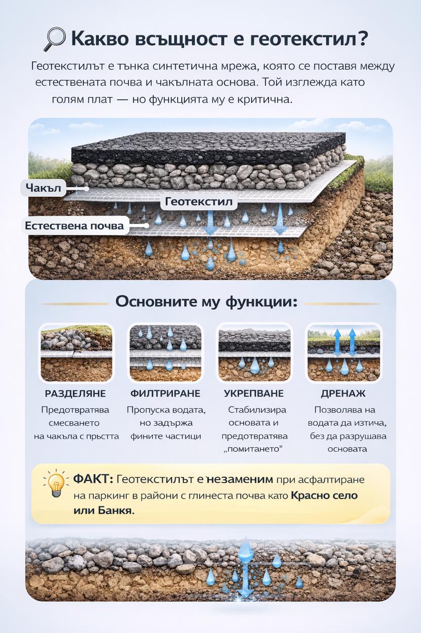 Инфографика показваща слоевете при асфалтиране – естествена почва, геотекстил и чакъл, с обяснение на функциите разделяне, филтриране, укрепване и дренаж