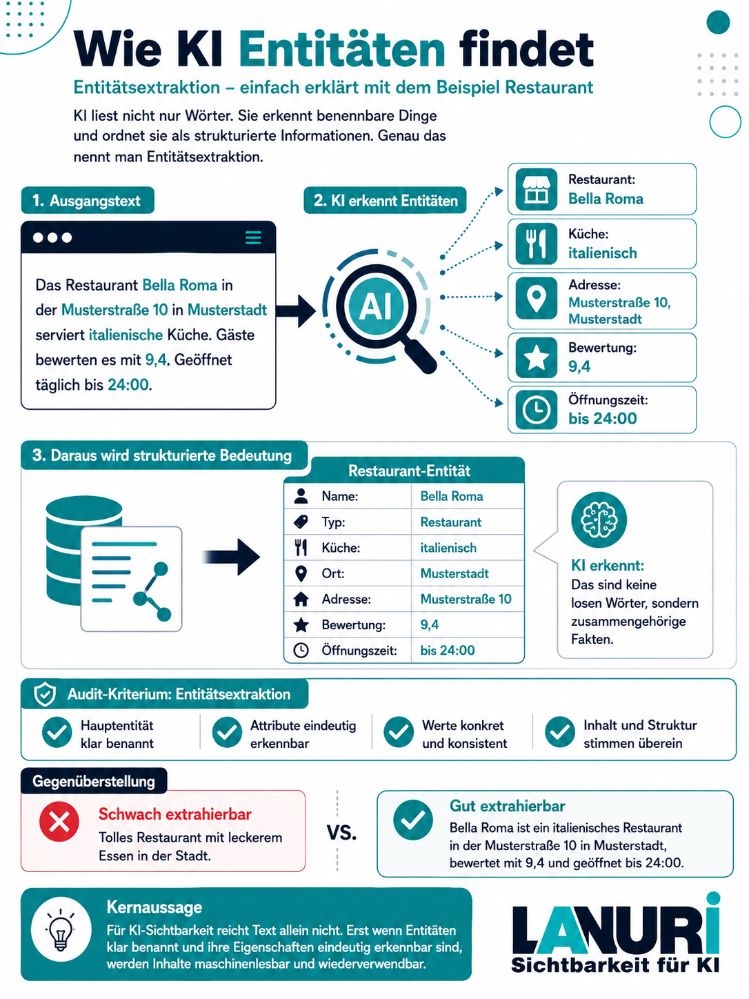 LANURI Infografik: Wie KI Entitäten findet. Entitätsextraktion einfach erklärt am Beispiel Restaurant für KI-Sichtbarkeit, Entity SEO und strukturierte Daten