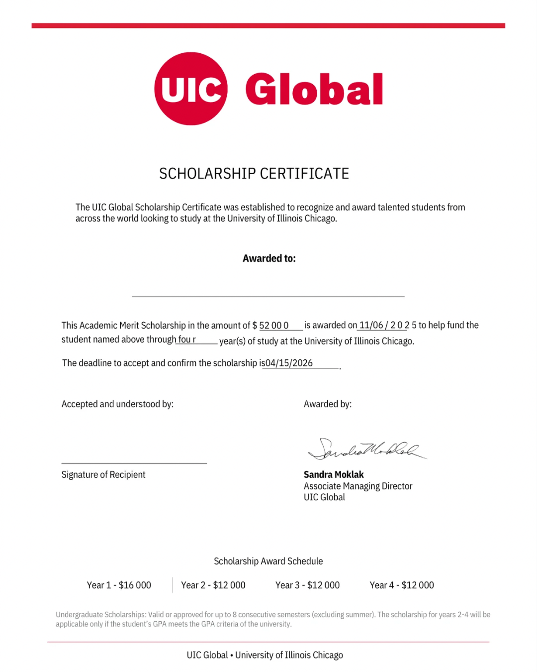 Сертификат Academic Merit Scholarship на 52 000 долларов