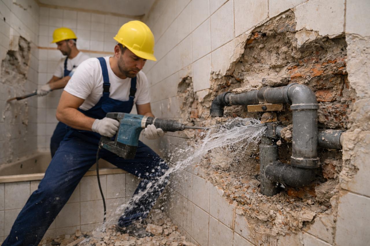 Къртене на баня с пробита водопроводна тръба при демонтаж на плочки и стени