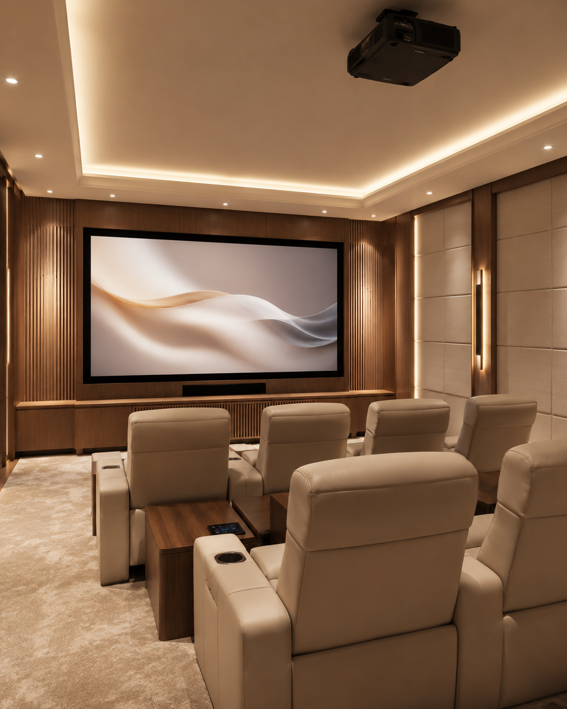 Premium private home cinema with projection immersive audio and architectural lighting