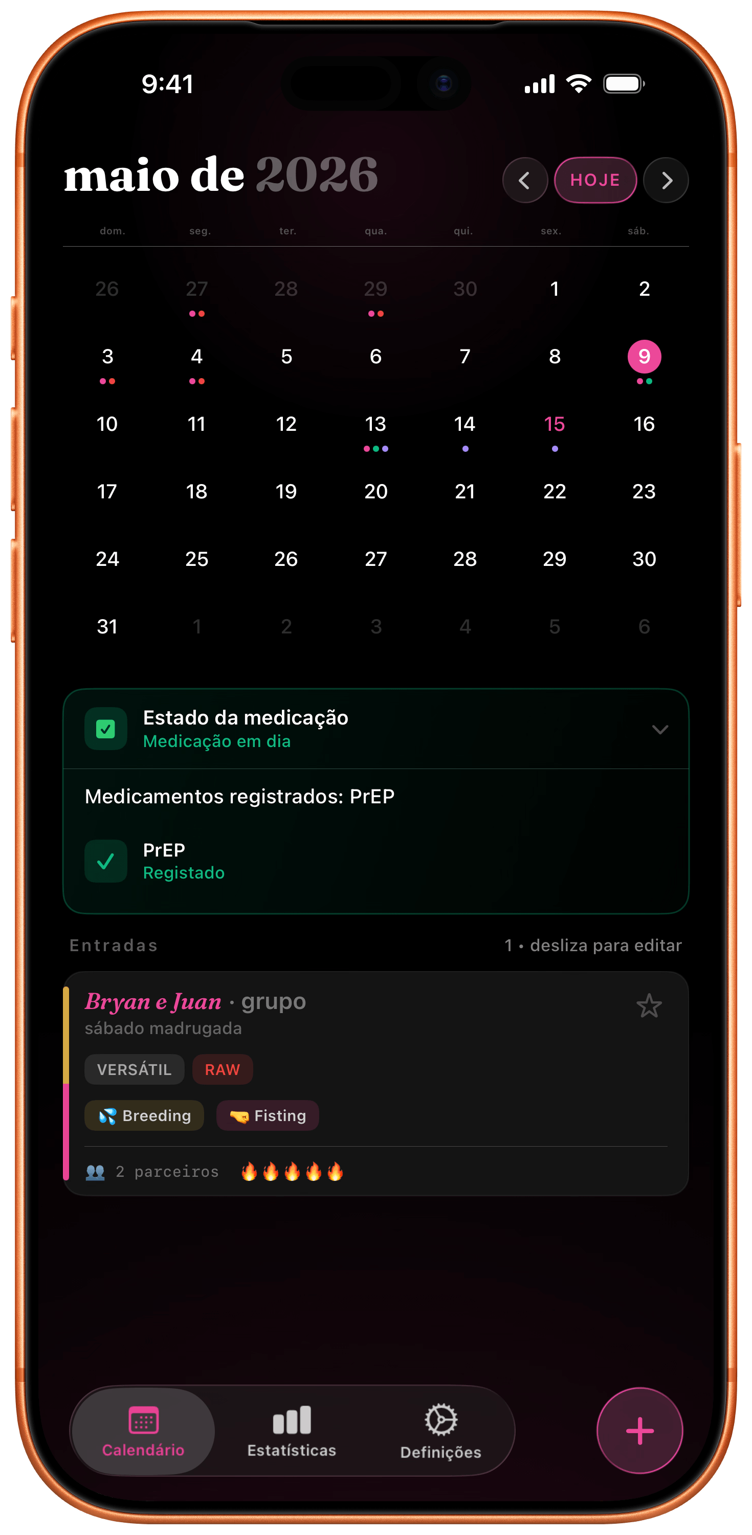 Ecrã principal do BodyCount Calendar