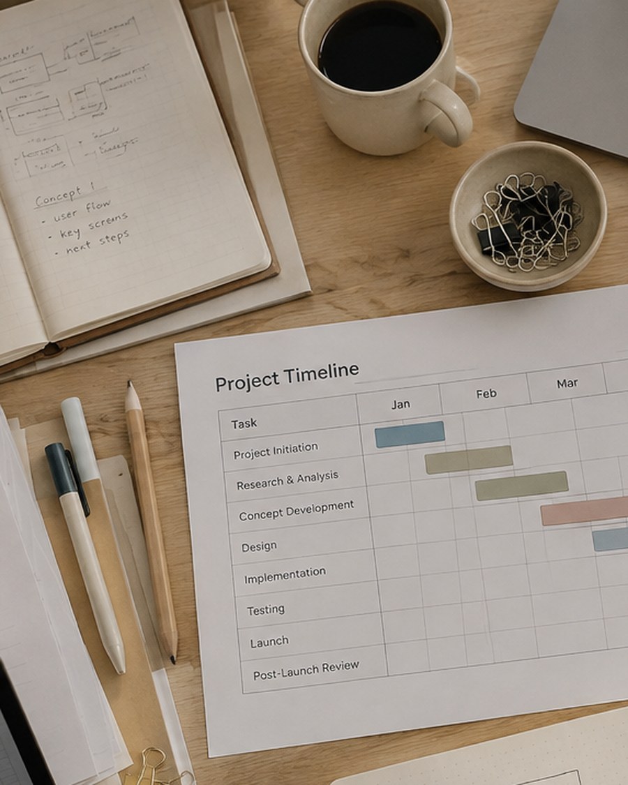 Un piano di lavoro con il diagramma di Gantt di un progetto e uno schema di flusso disegnato a mano