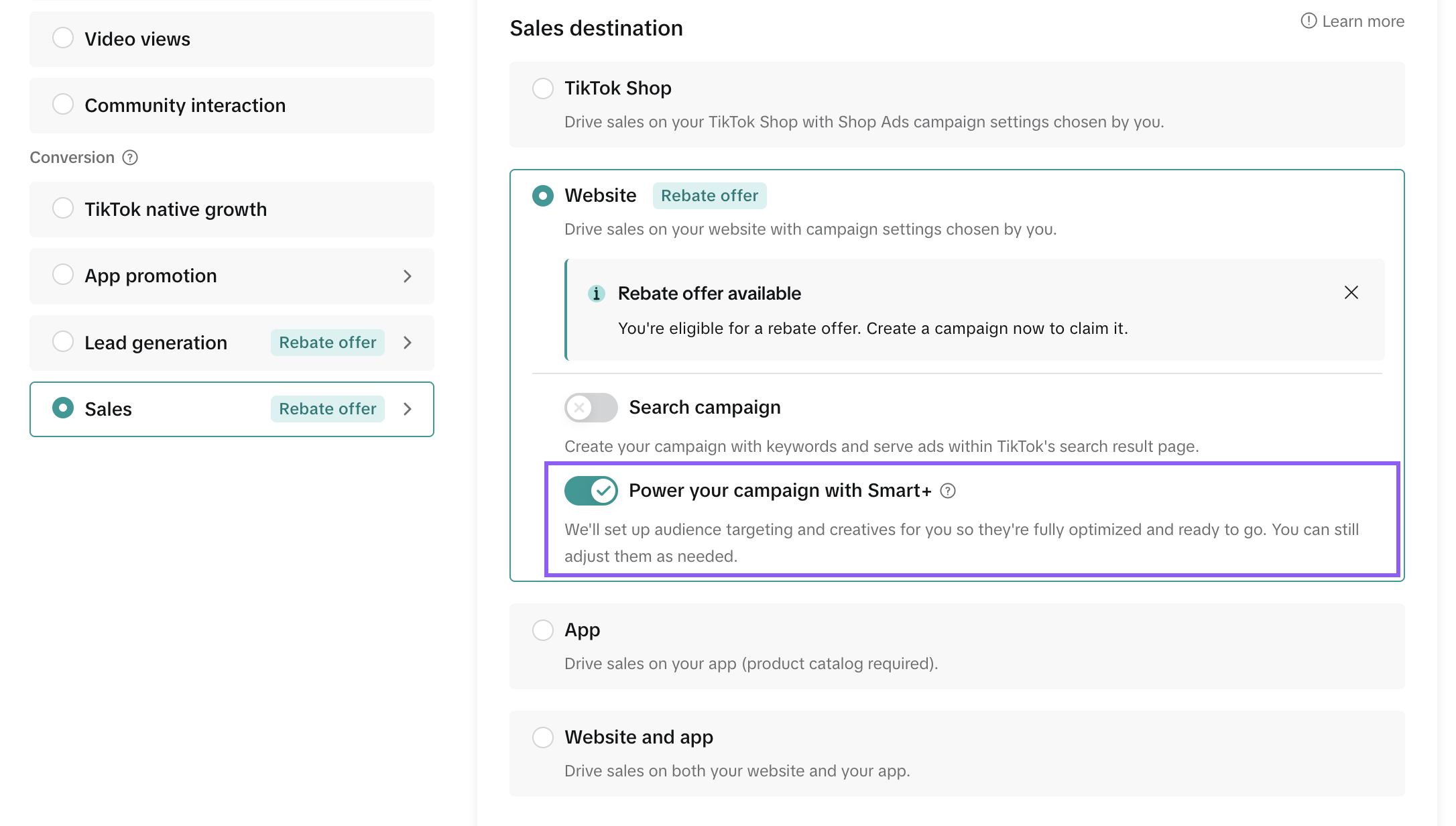 Переключатель Smart+ на экране цели в TikTok Ads Manager