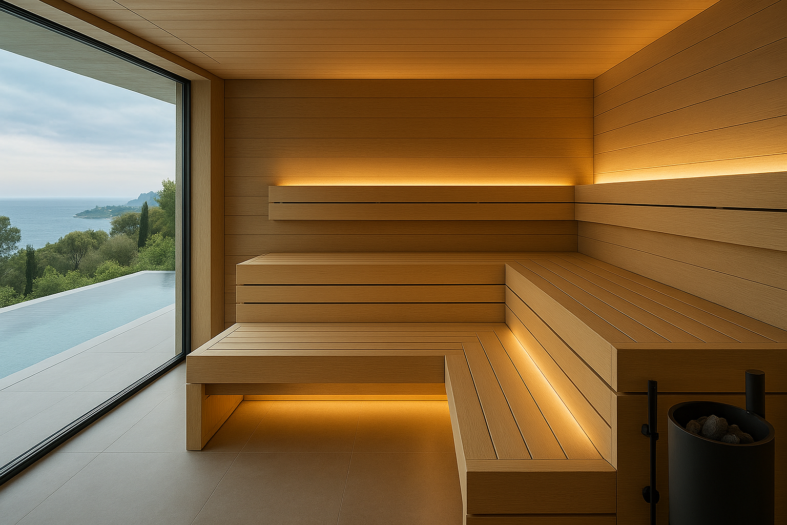 Sauna sur-mesure haut de gamme avec façade vitrée dans une villa contemporaine