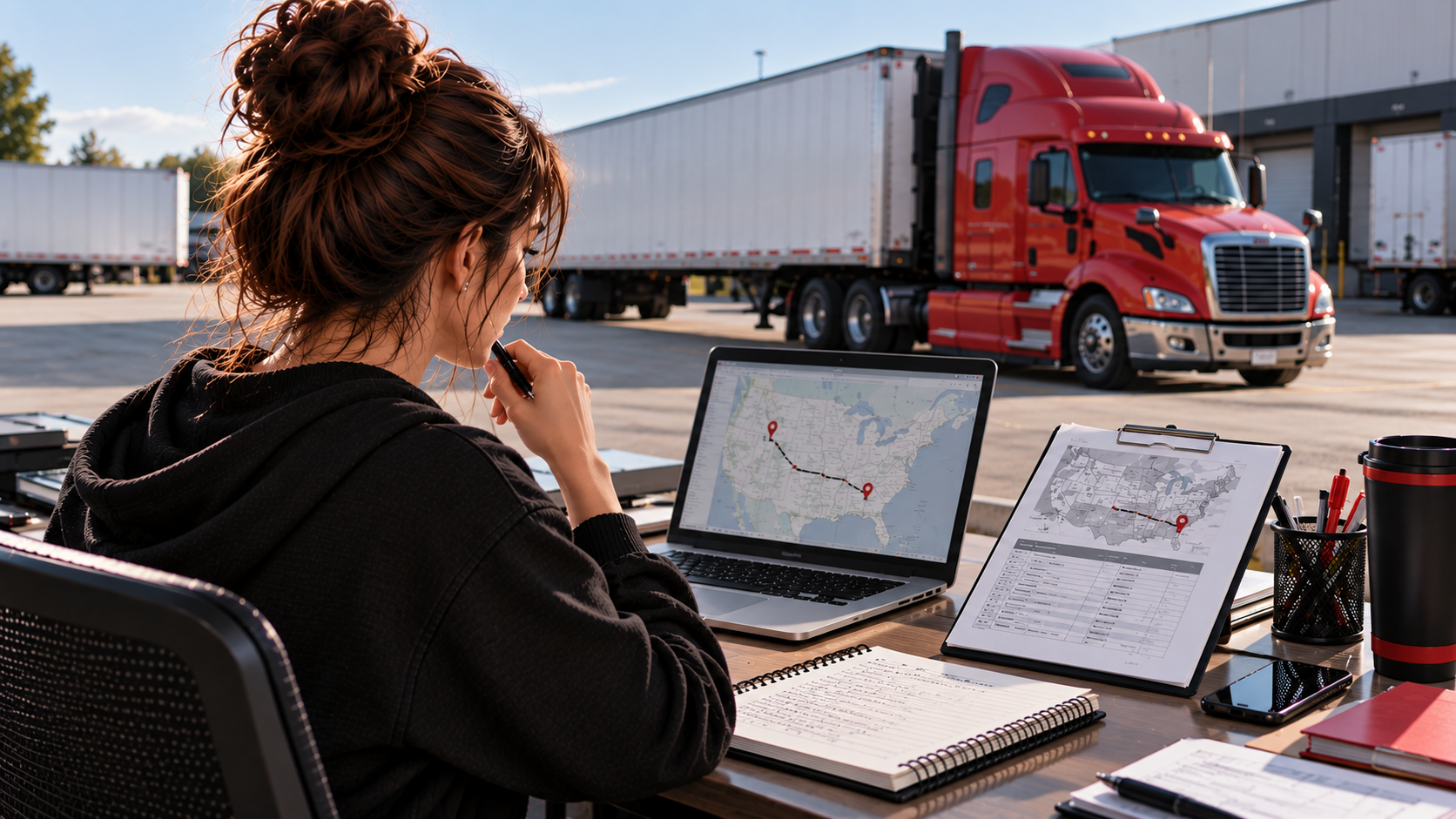 A dispatcher reviewing a dry-van load plan with an American conventional tractor and 53-foot dry-van trailer visible in a yard