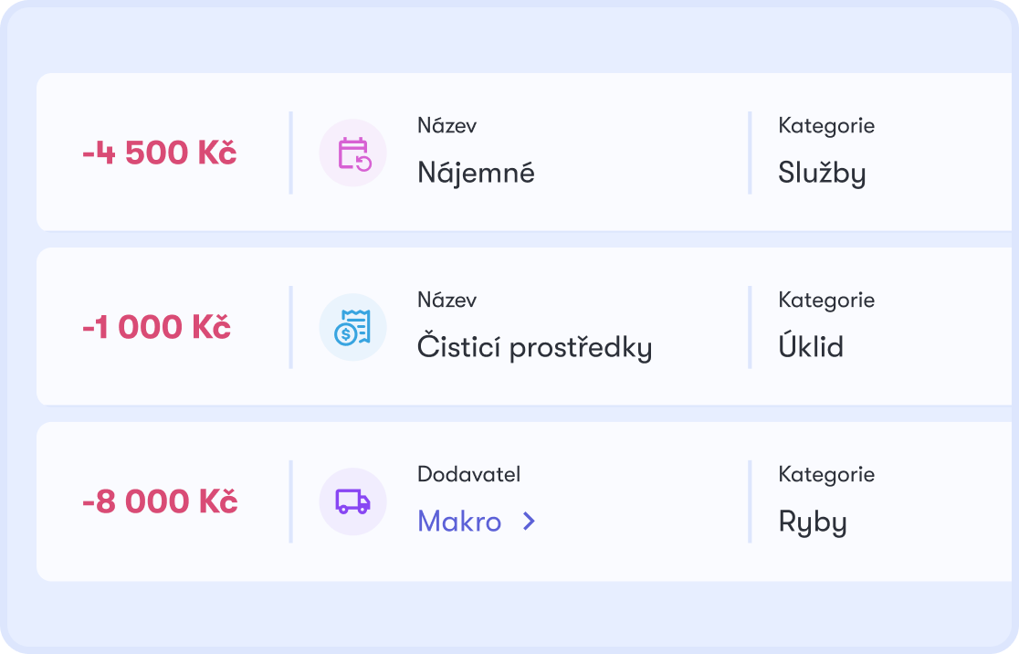 Nadcházející platby v Dishboardu — položky nákladů s částkami a kategoriemi podle splatnosti