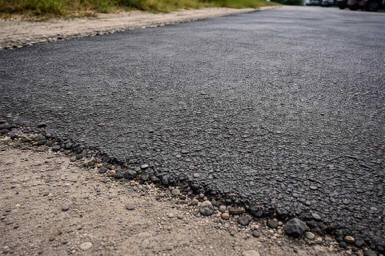 Матова и грапава повърхност на нов асфалт без гланцов слой – признак за лошо уплътняване