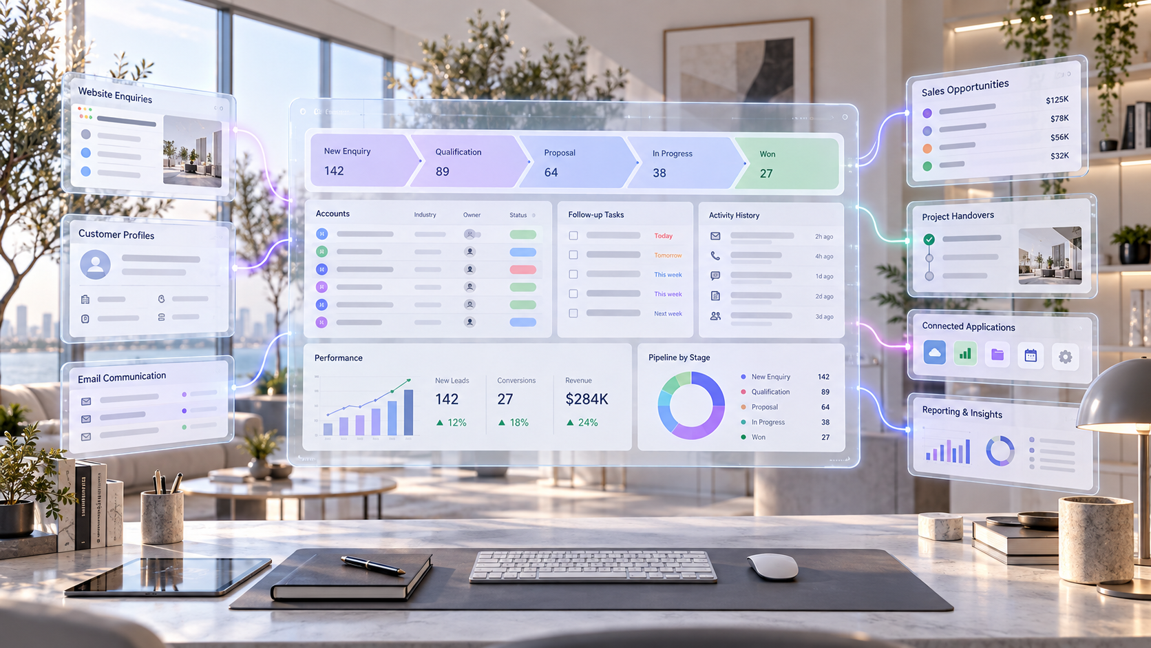 CRM and business systems workspace with customer profiles, sales pipeline, follow-up tasks and connected applications