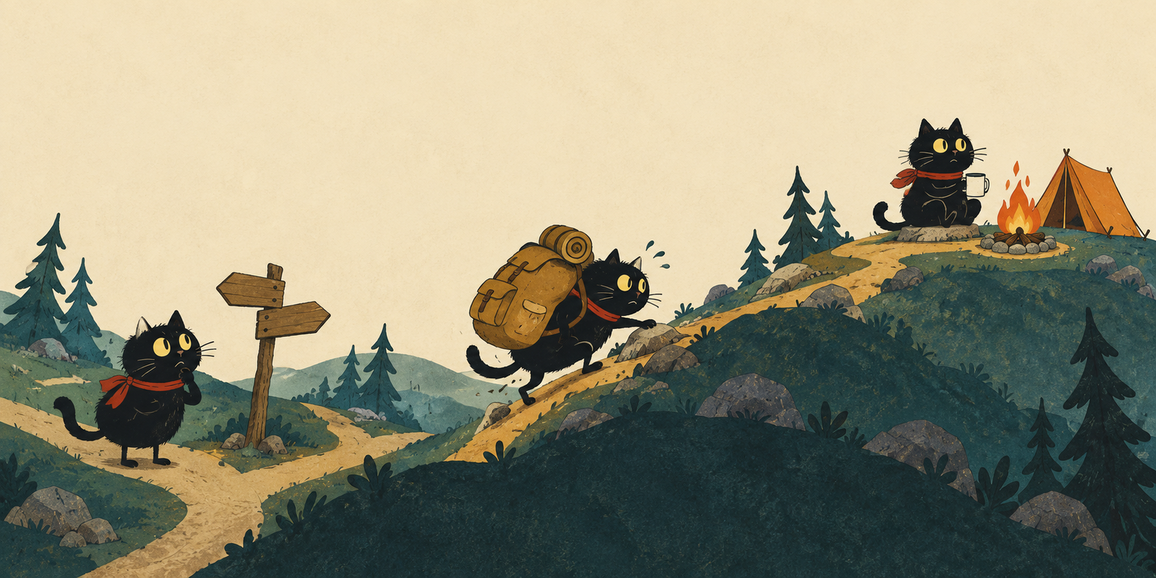 Three moments in a black cat’s journey: choosing a path, scrambling uphill with a huge backpack, and resting by a campfire at the summit