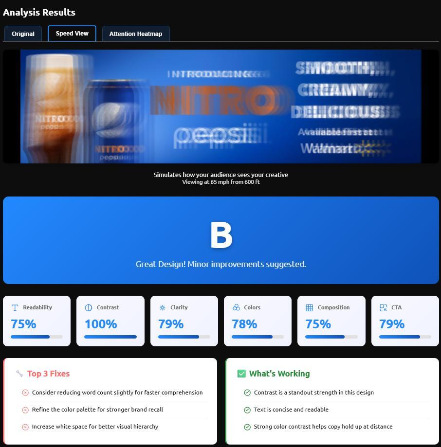 Speed View simulation screenshot for a Nitro Pepsi billboard