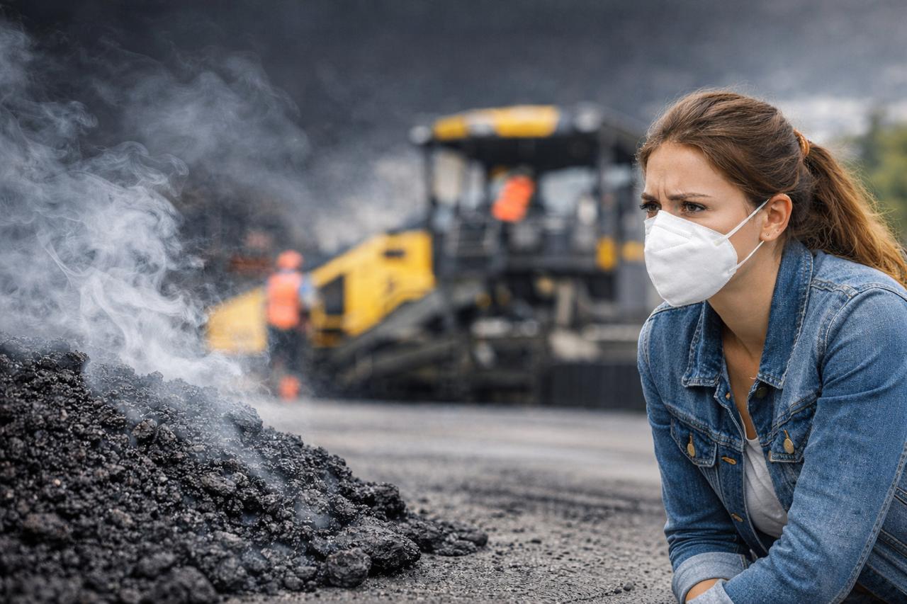 Жена с предпазна маска до купчина горещ нов асфалт, от който излиза пара, на фона на асфалтираща техника в София