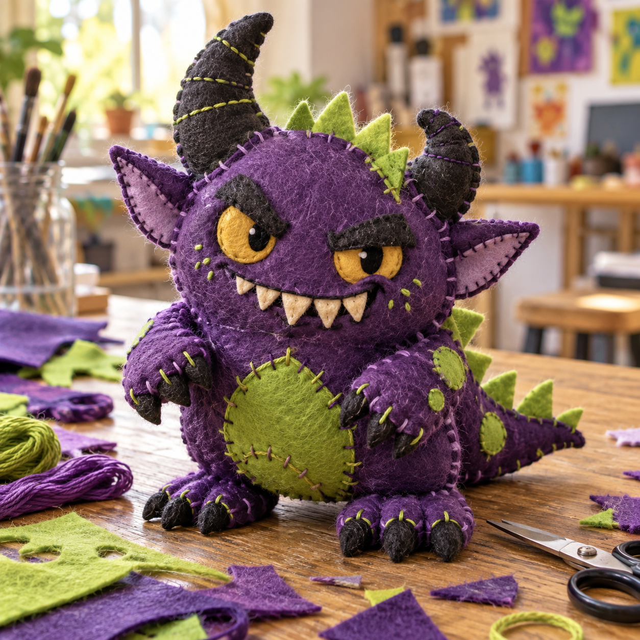 A young artist hand-sewing a soft felt monster with bright thread.