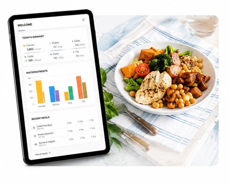 Tablet showing meal tracking app next to a healthy meal