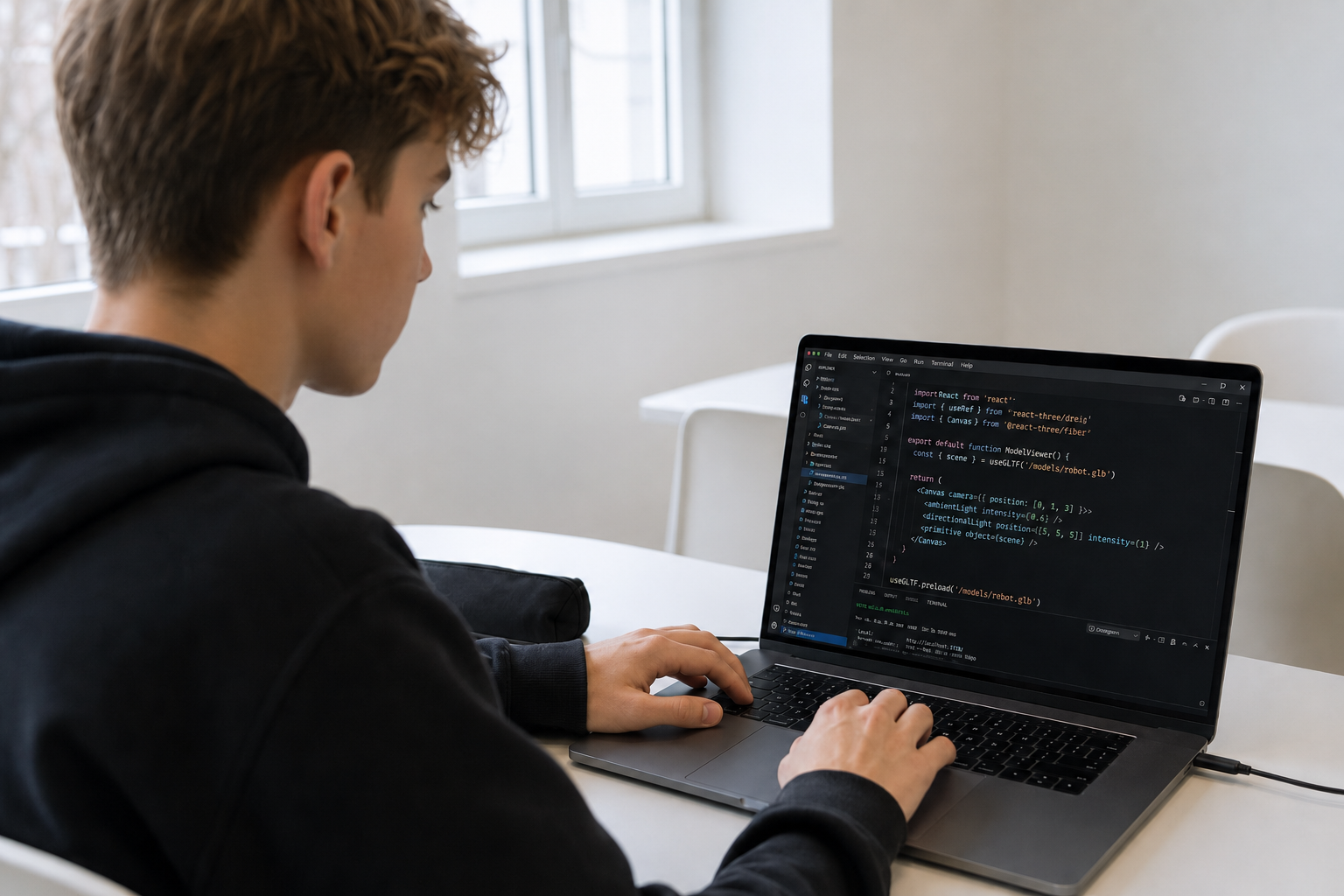 Ung på 14–17 år arbejder med kode og digitale portfolio-projekter hos Impact Academies