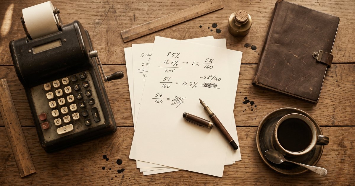 Schreibtisch mit Vintage-Rechenmaschine, handgeschriebenen Berechnungen und Notizbuch als Symbol für die Analyse von Amazon Ads ACOS-Werten