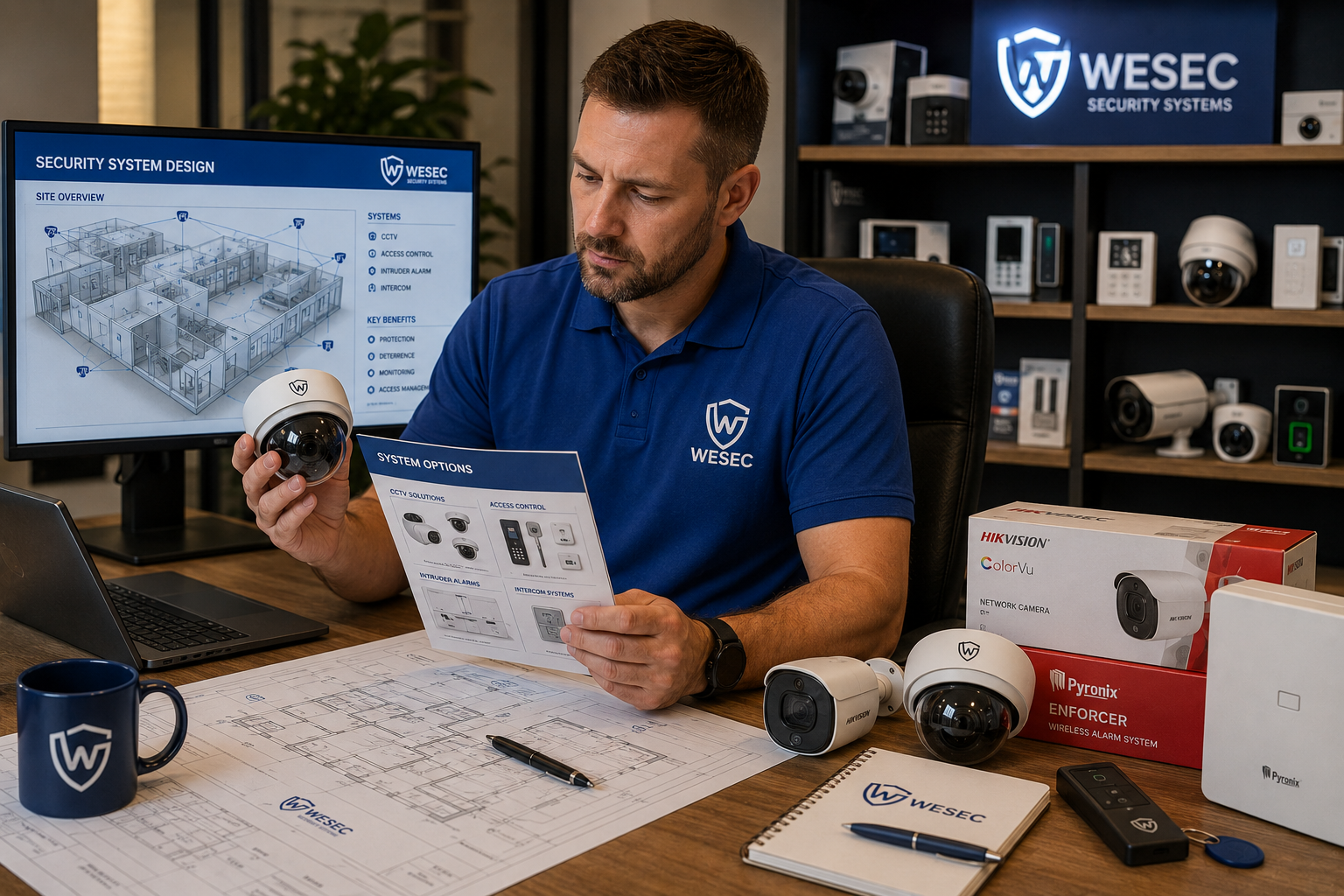 Security professional reviewing system options and equipment