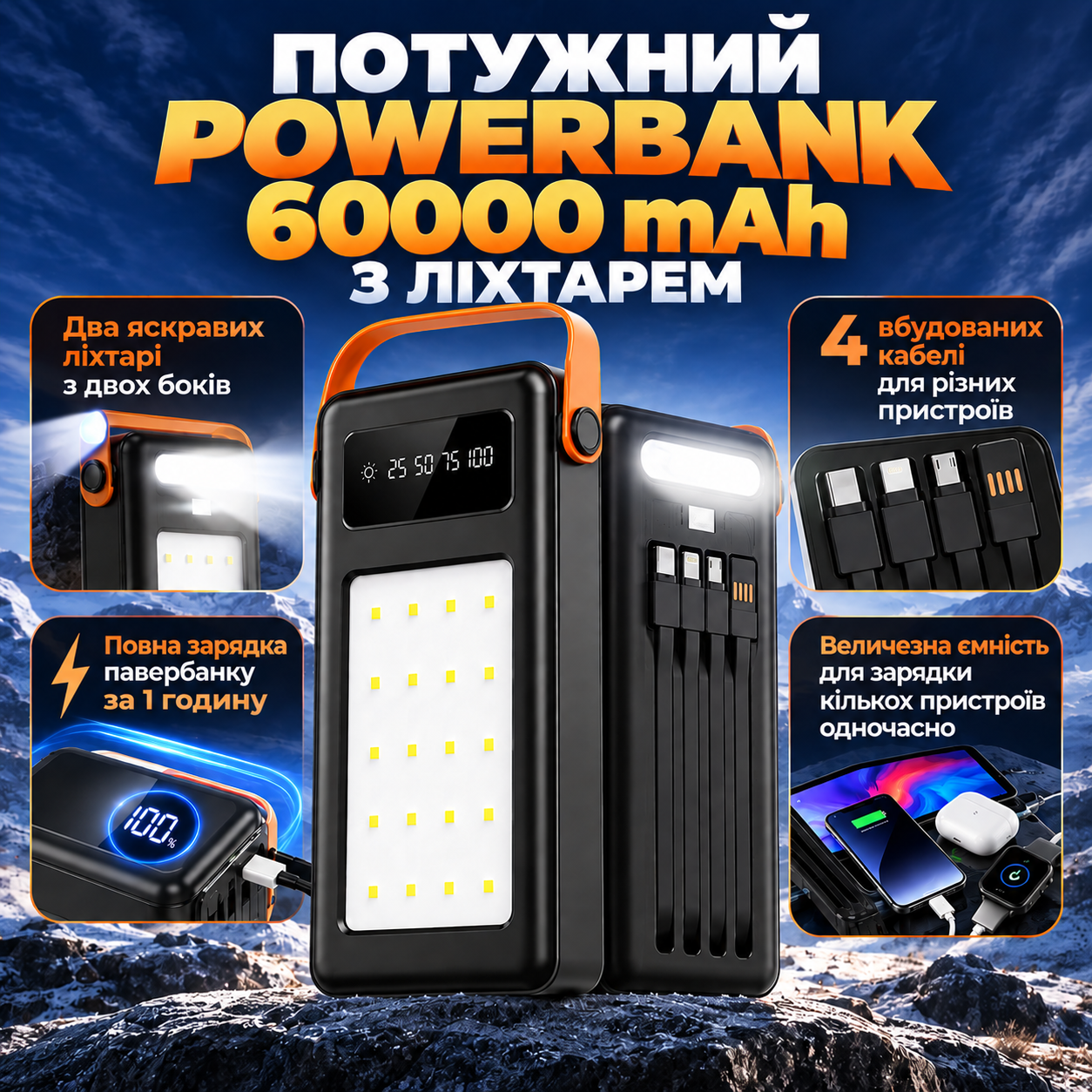 Powerbank 60000 mAh з LED-ліхтарями та вбудованими кабелями