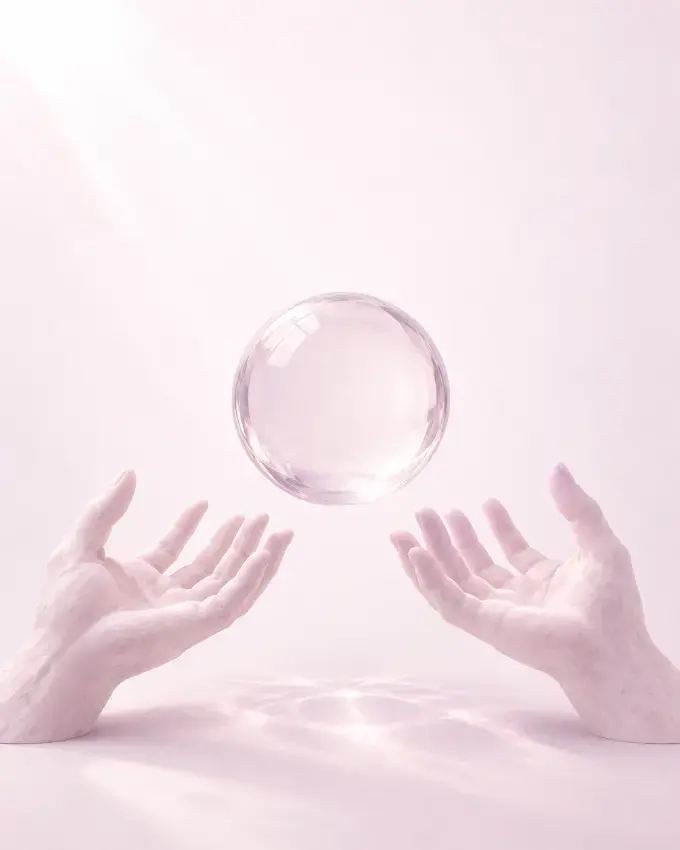 Two open sculpted hands holding a glass sphere without gripping it