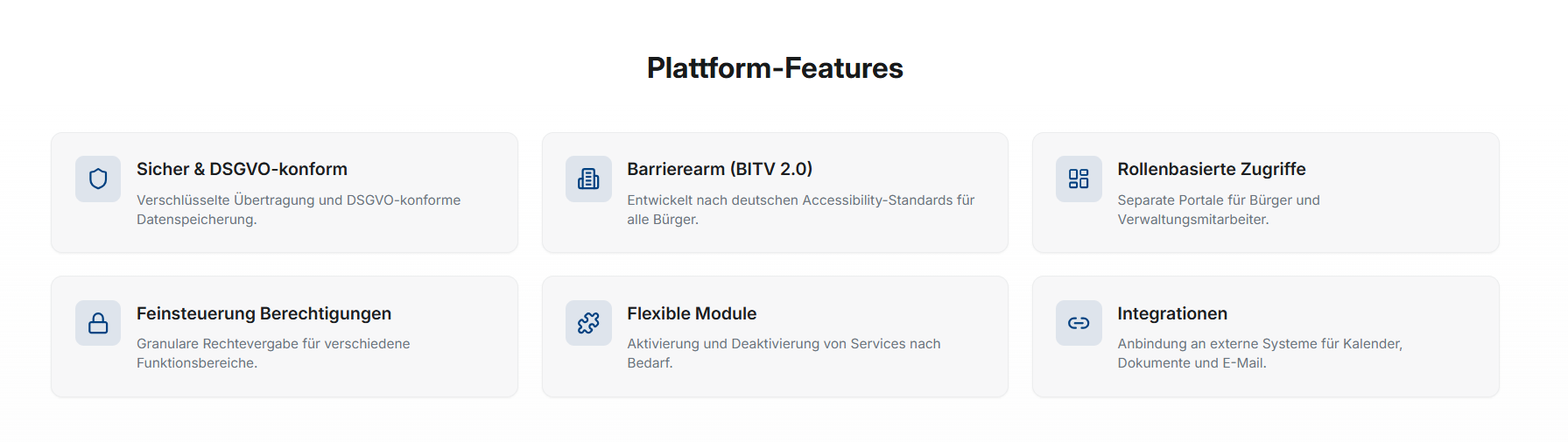 Plattformfunktionen des KI-basierten Kommunalportals: Sicherheit, Barrierefreiheit, Rollen, Berechtigungen, flexible Module und Integrationen