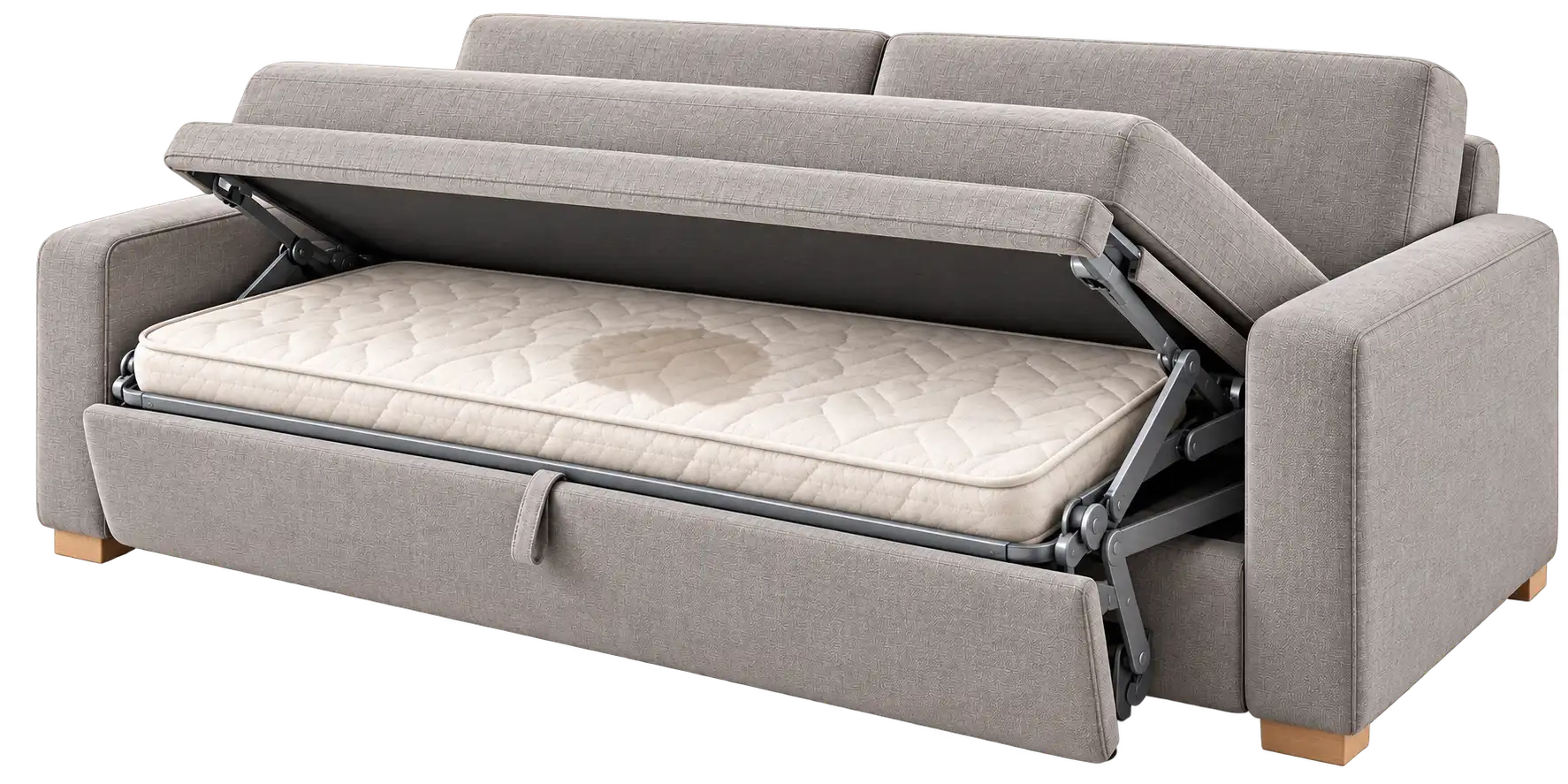 Schlafsofa wird feucht zugeklappt – Shikardos Reinigung Frankfurt Halb zusammengeklapptes graues Schlafsofa mit sichtbarem Klappmechanik und dünner Liegefläche, auf der sich ein dunkler Feuchtigkeitsfleck abzeichnet. Beim Zuklappen wird diese Feuchtigkeit im Sofa eingeschlossen – Shikardos Reinigung entfernt Flecken und Geruch in Frankfurt mit Tiefenreinigung.