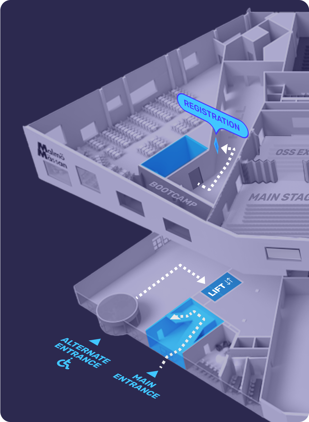 A plan of a building. The main and alternate entrances, lift and registration are marked in blue on the map.