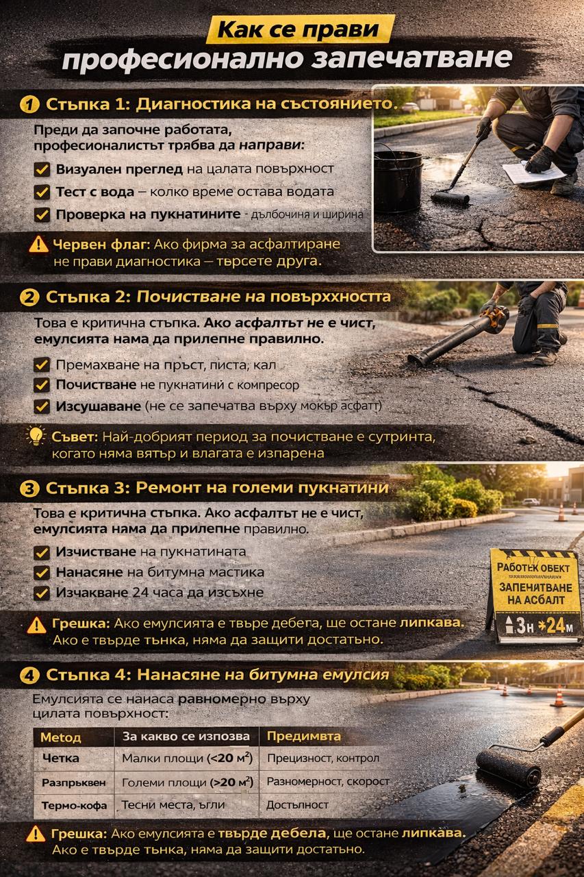 Стъпки при професионално запечатване на асфалт – диагностика, почистване, ремонт и нанасяне на емулсия