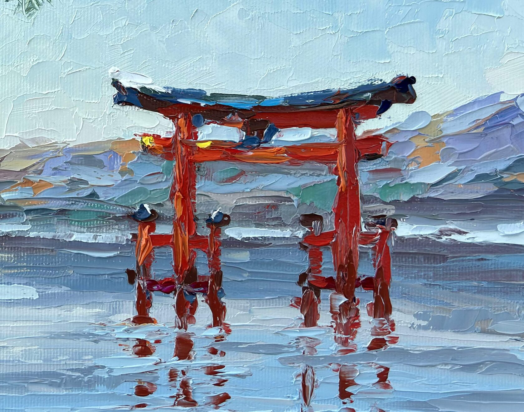 Torii oil painting, Red Japanese Gate palette knife painting, Pine Trees and Lake Engraving modern painting, contemporary artist Kravtsova Oxana Oxypoint, paintings for sale