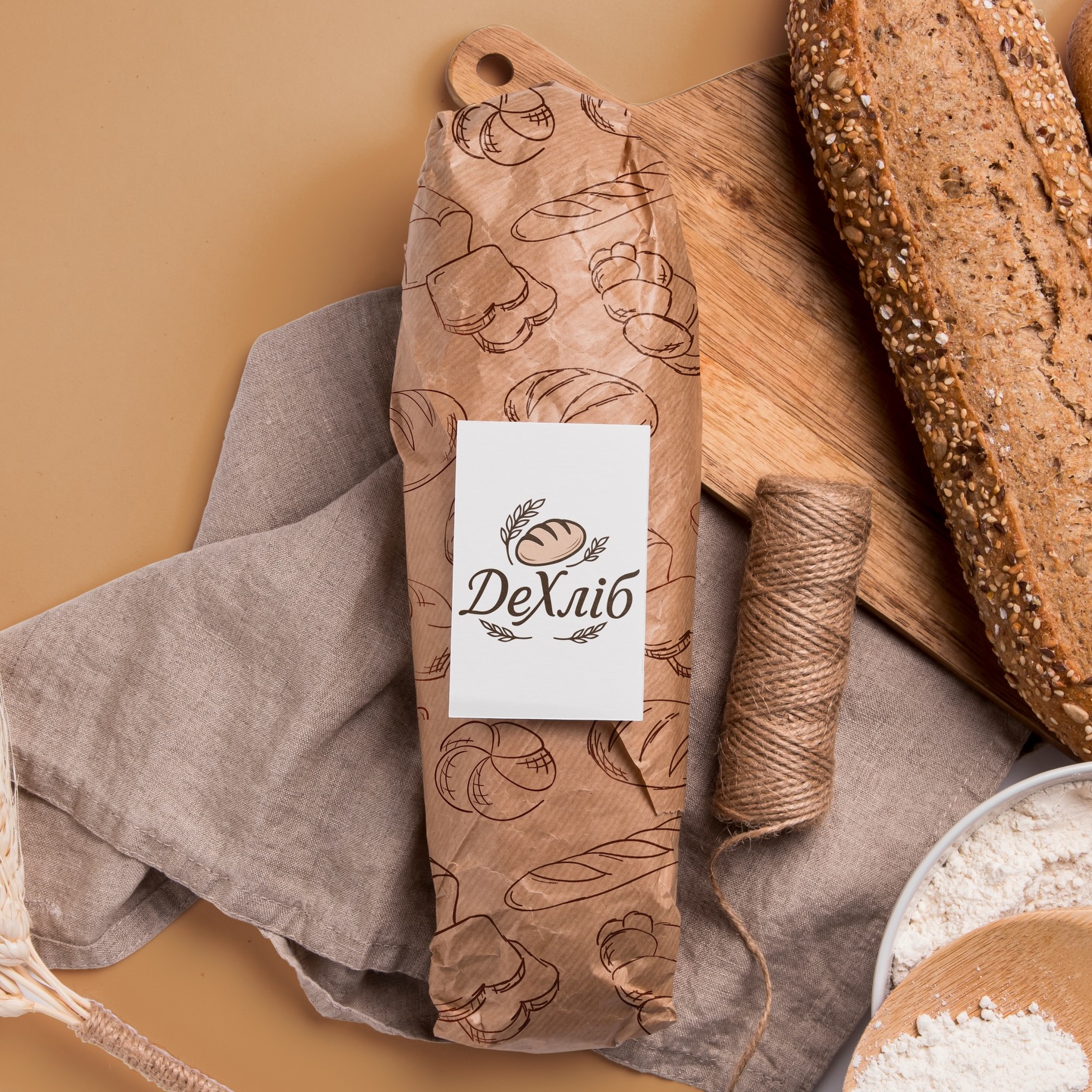 Baguette packaging with the DeKhlib bakery logo