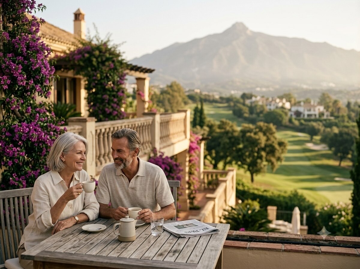 Retired couple having coffee on a villa terrace in Nueva Andalucía