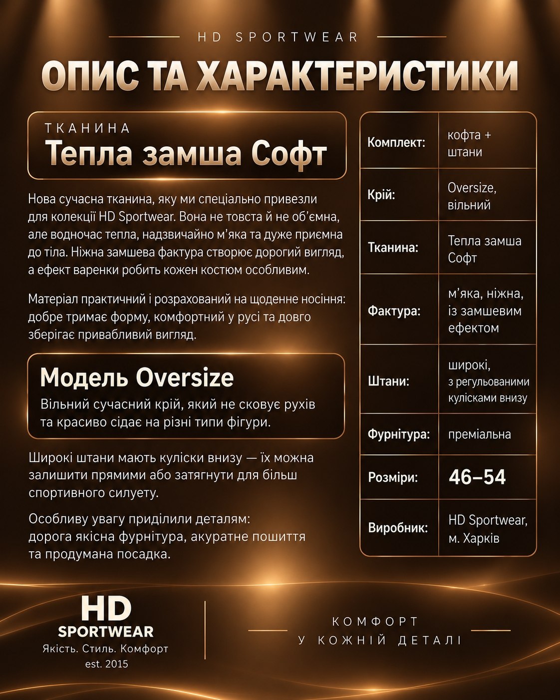 HD Sportwear — опис та характеристики