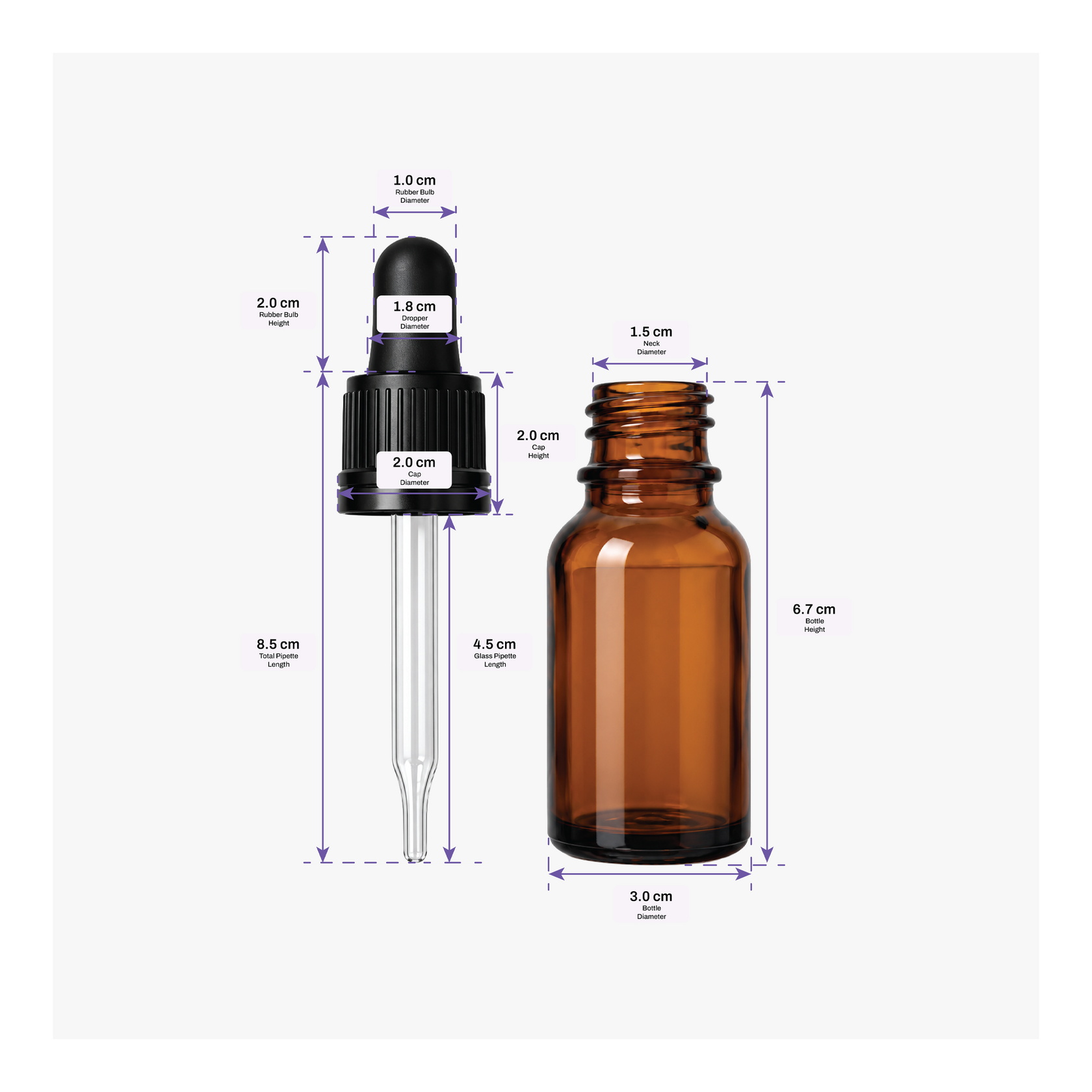 15 ml amber glass dropper bottle with black cap and glass pipette displayed separately