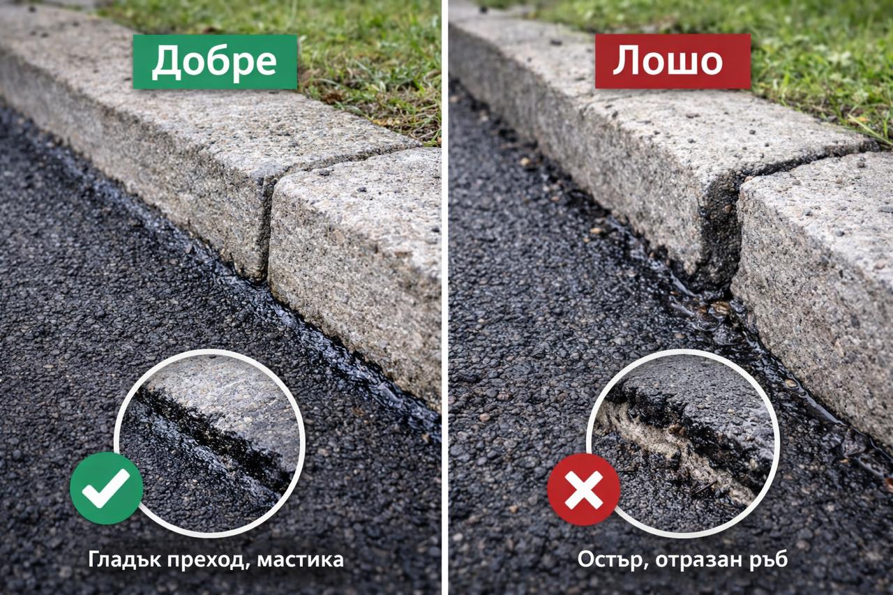 Сравнение на ръб при асфалтиране: плавен преход с мастика срещу остър, отрязан ръб с пролука.