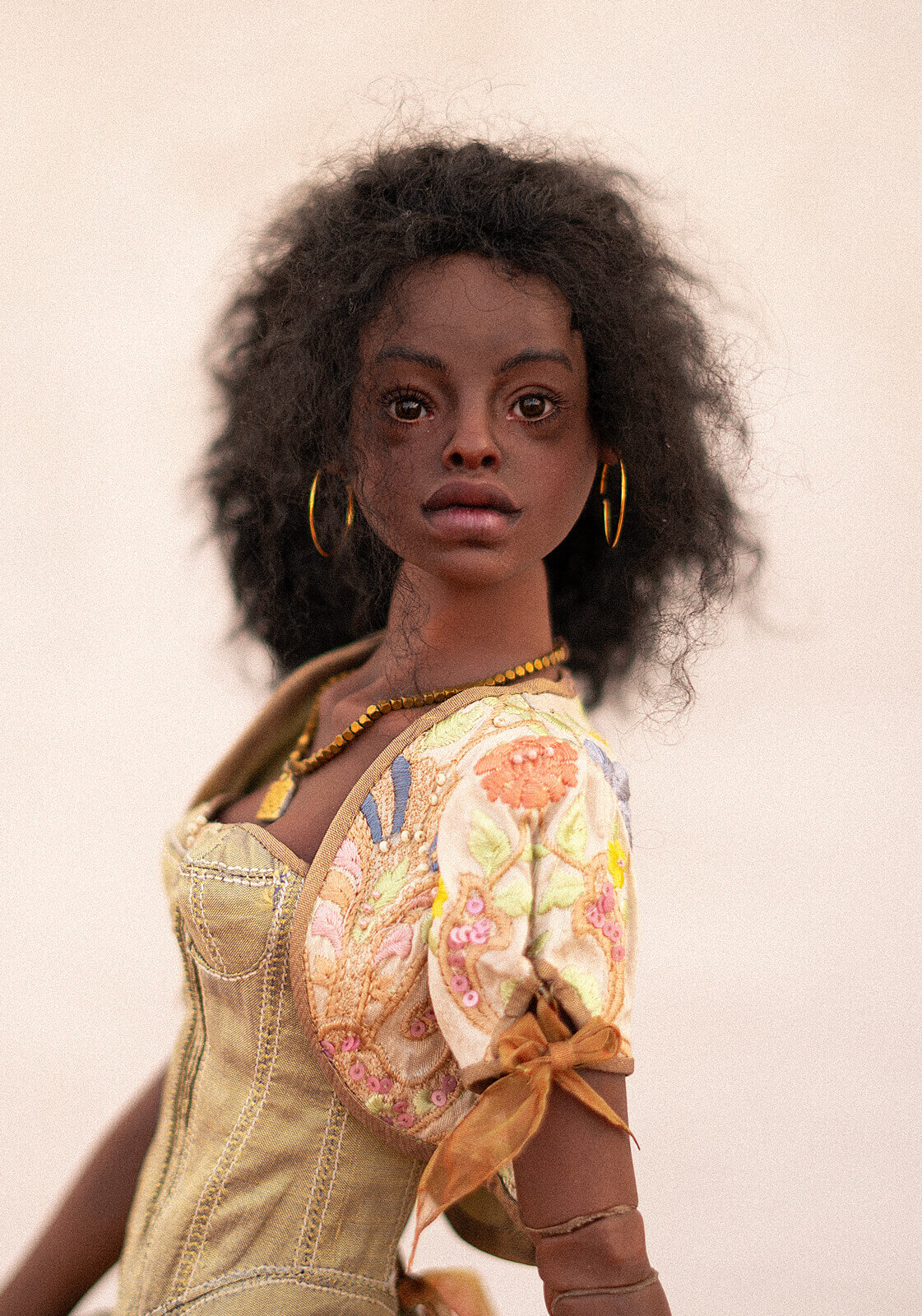 Portrait of dark-skinned BJD doll named Nina of Poble-sec, by Anna Haritonova