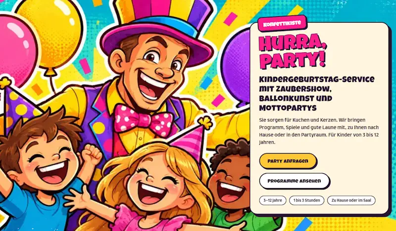 Website-Designkonzept für einen Kindergeburtstag-Service mit Programmen nach Alter, Festpreis-Paketen und Party-Planer