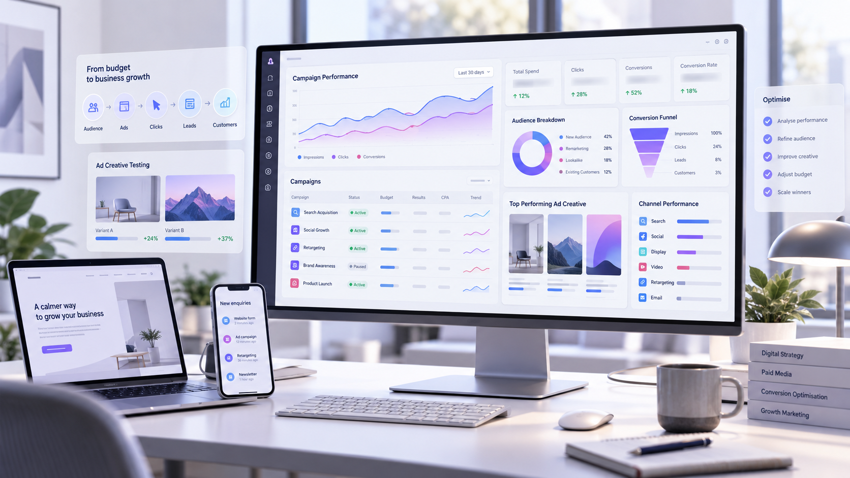 Paid advertising dashboard showing campaign performance, audience targeting, conversion funnel, creative testing and channel results