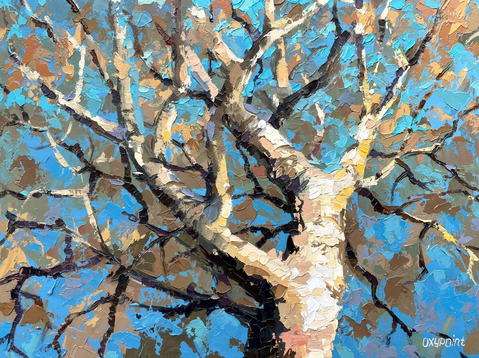Tree oil painting, tree trunk abstract art, lonely tree knife painting, artist OXYPOINT Oxana Kravtsova