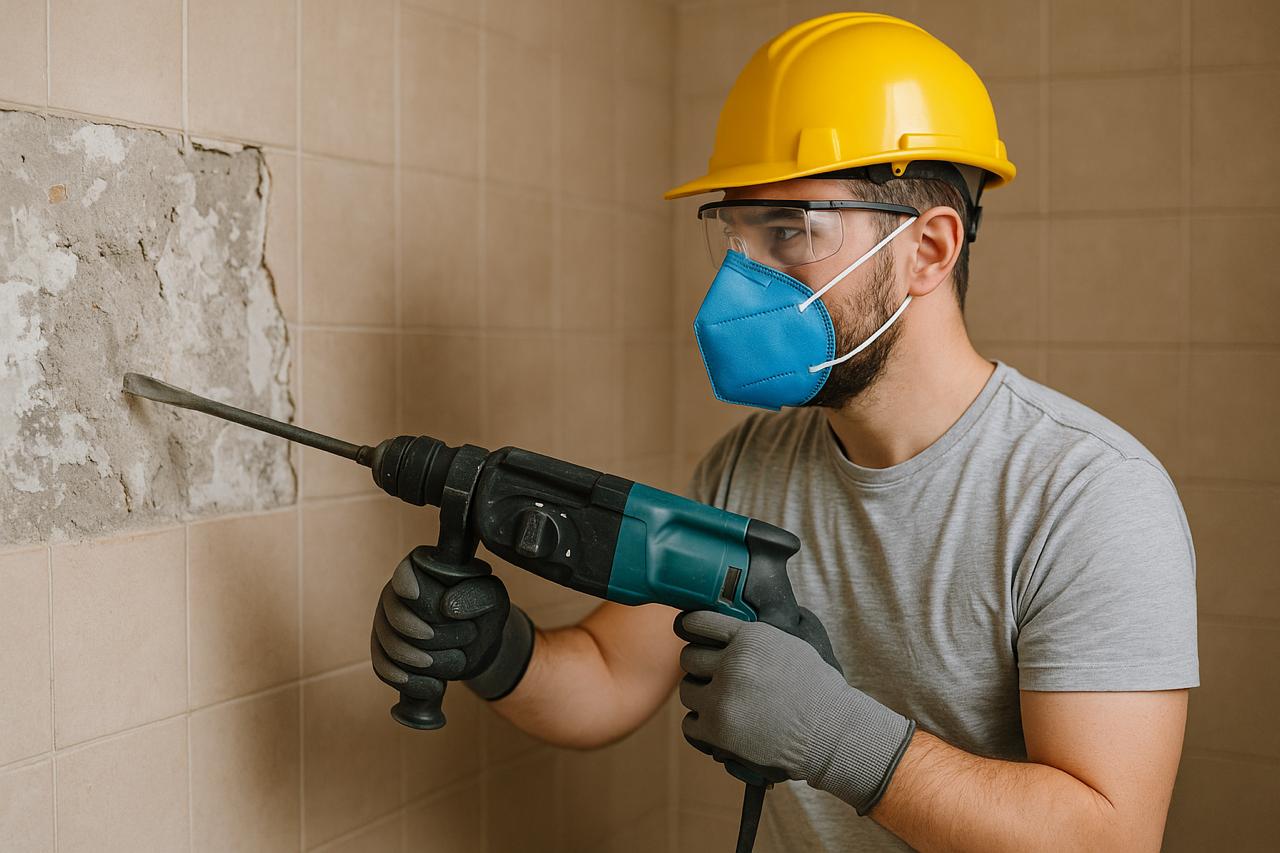Работник с каска, защитни очила и маска, който безопасно кърти плочки в баня с перфоратор, демонстрирайки защита на очите, дробовете и ръцете по време на къртене.