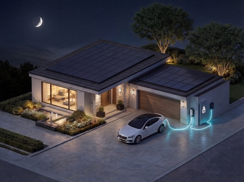 Home running on battery backup at night while an EV charges in the driveway