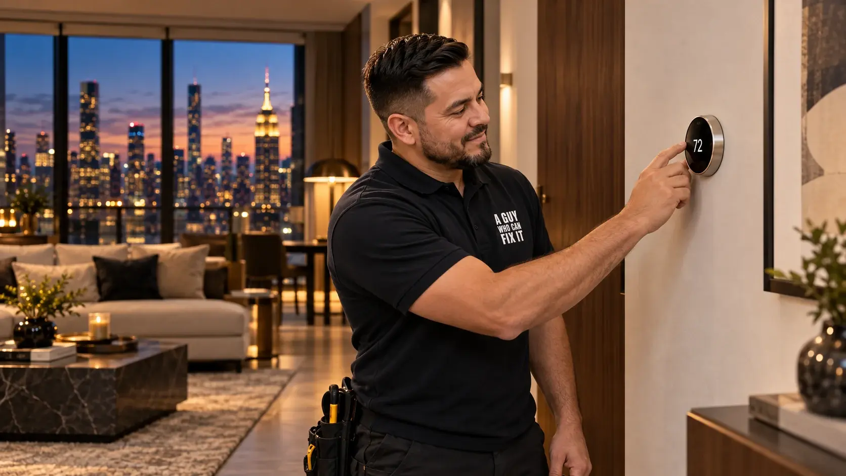 A Guy Who Can Fix It technician checking a Nest thermostat in a modern Manhattan apartment