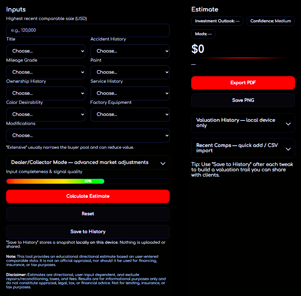 Supercar Collector Car Value Calculator