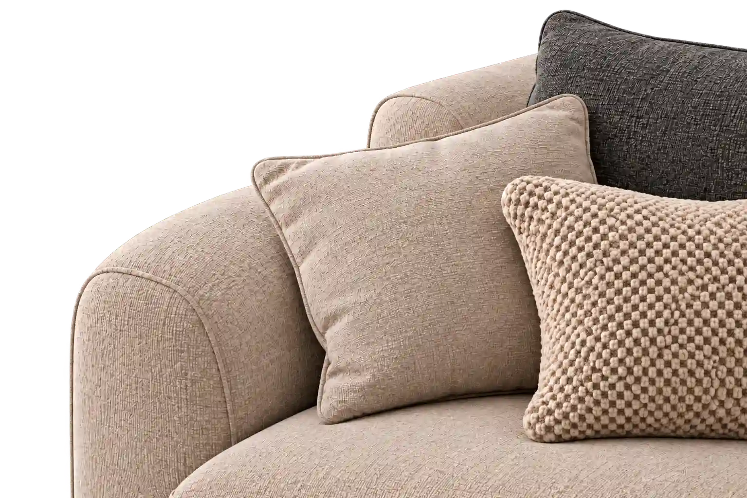 Mehrere lose Kissen auf einem beigen Ecksofa: ein gro&szlig;es hellbeiges Kissen, ein dunkelgraues im Hintergrund und ein kleineres mit grober Strickstruktur. Shikardos Reinigung reinigt in Frankfurt jedes R&uuml;cken- und Zierkissen einzeln von beiden Seiten, damit die Farbe hinterher zum &uuml;brigen Sofa passt.