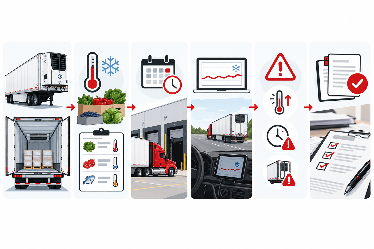 Reefer workflow highlighting equipment, temperature instructions, appointments, monitoring, exceptions and documents