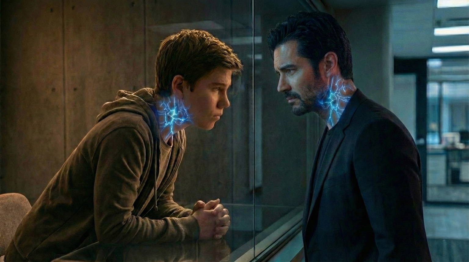 Hybrid Born — father and son facing each other through interrogation glass with electric code on their necks.