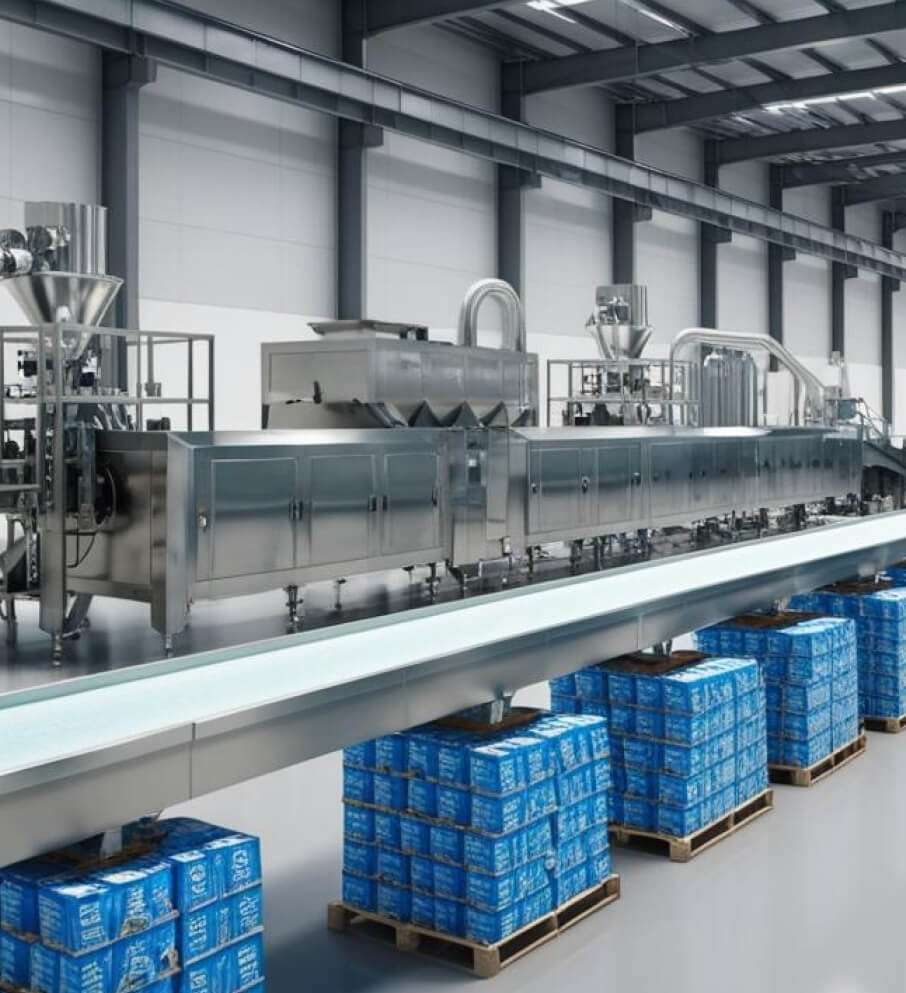 Packaging process at The Base Beverage facility with branded tape sealing a product box