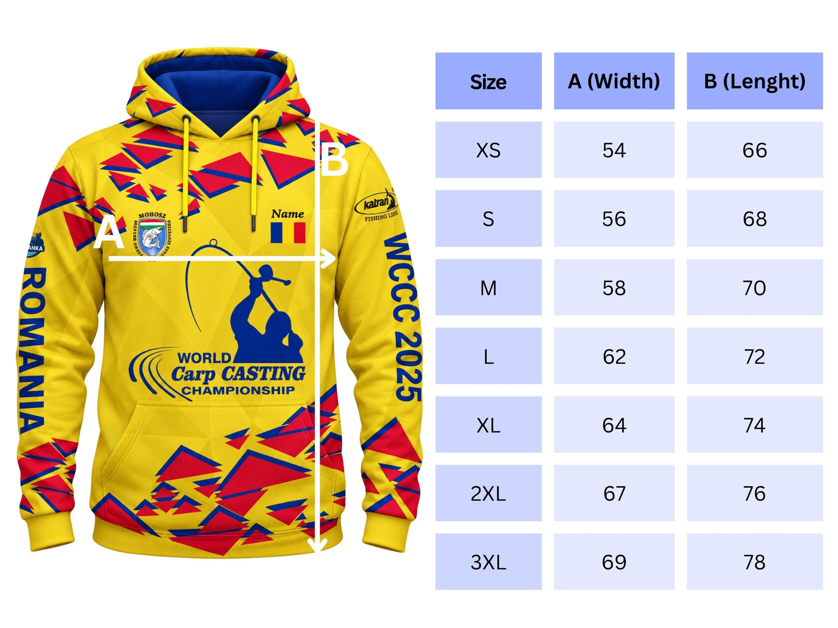 WCCC hoodie with size chart