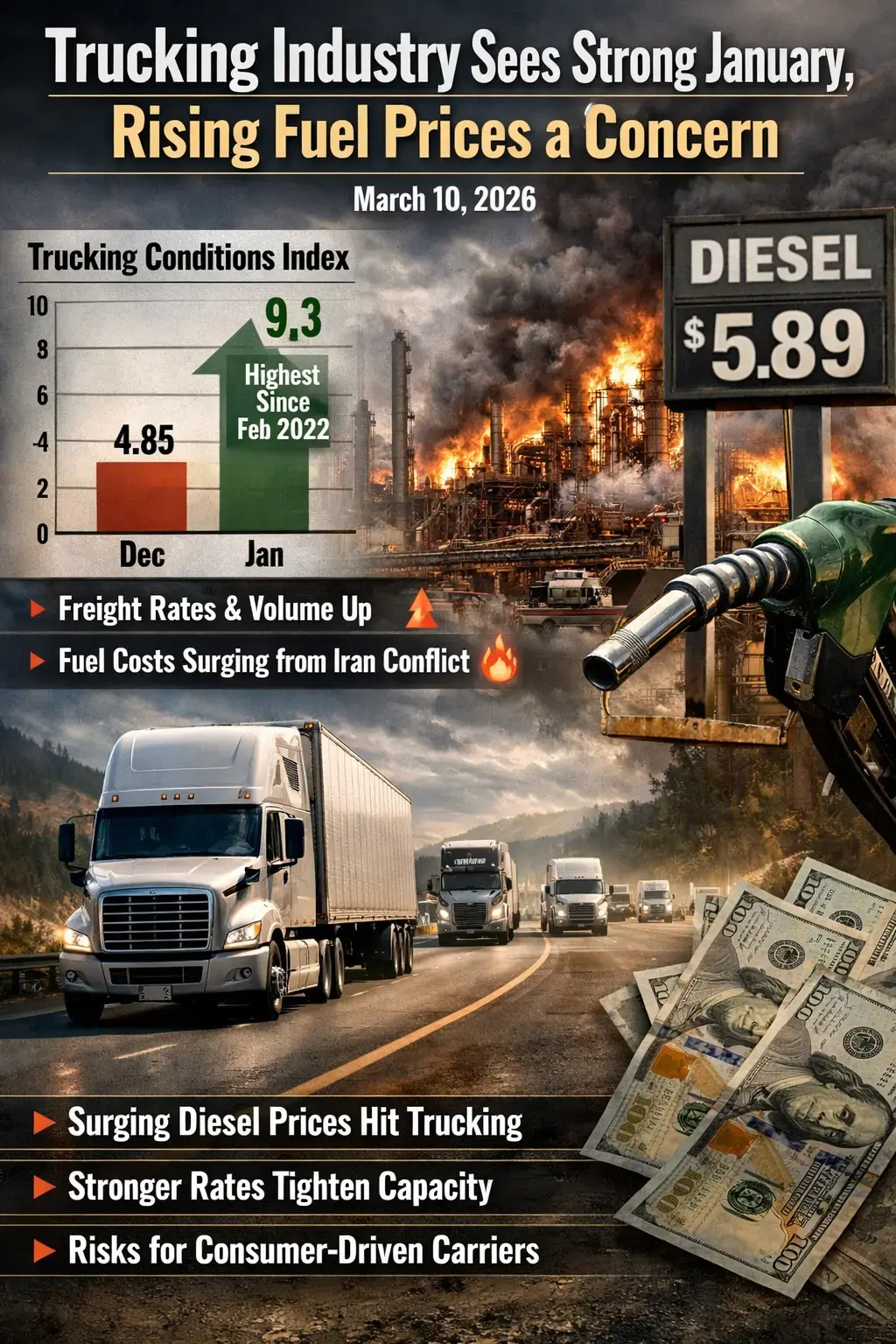 CDL-A truck on highway with rising fuel prices