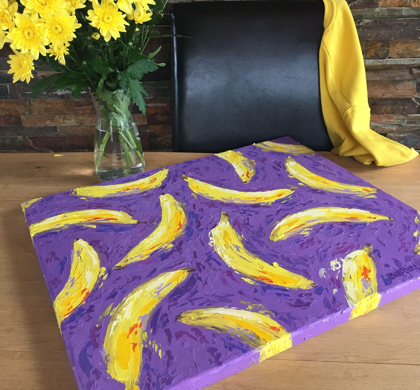 bananas oil painting, pop art, yellow and purple abstract art, banan knife painting, artist OXYPOINT Oxana Kravtsova, painting for sale 