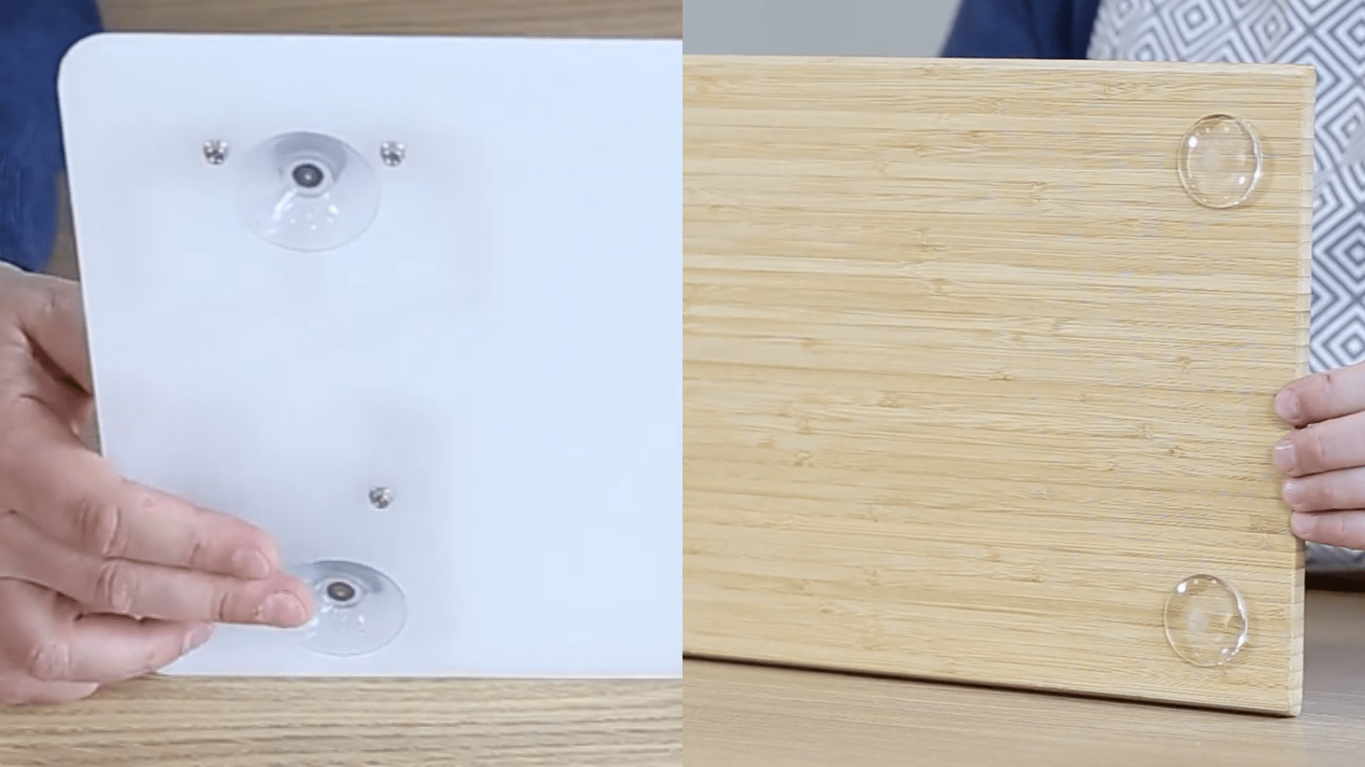 Non-slip feet and suction cups on the adaptive cutting board one handed.